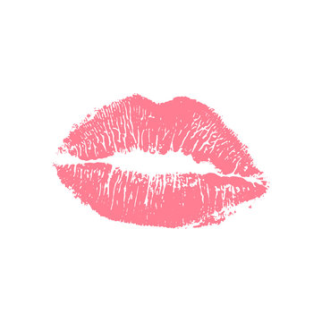 Vector illustration of womans girl pink lipstick kiss mark isolated on white background. Valentines day icon, sign, symbol, clip art for design.