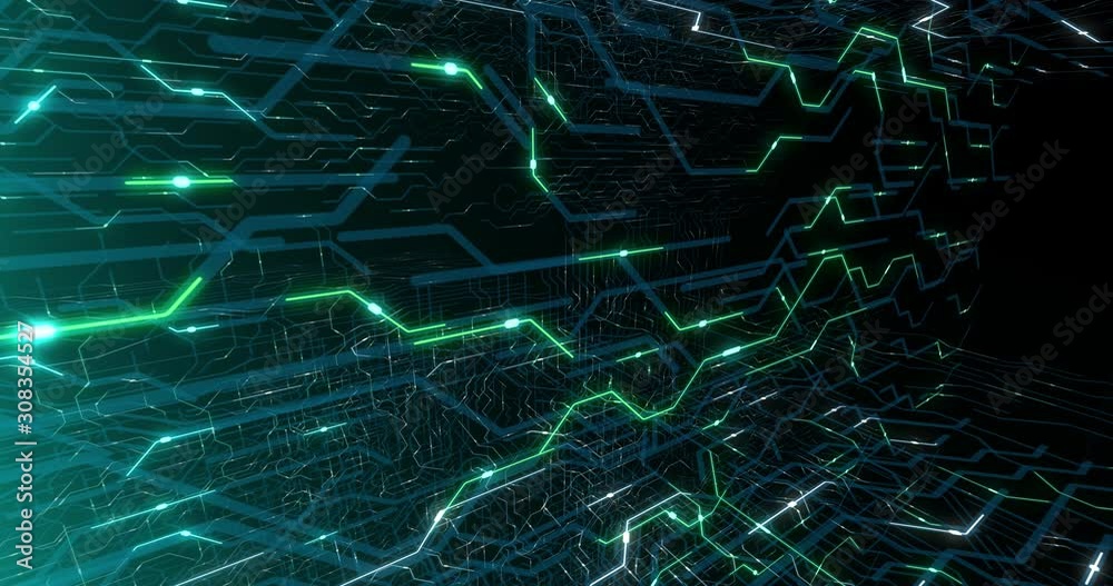 Poster 4k seamless loop of printed circuit board (pcb) in motion. artificial intelligence (ai), data mining