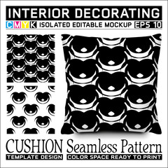 Abstract ornamental style in cmyk color space black and white. Seamless pattern with cushion mockup for interior decorating.