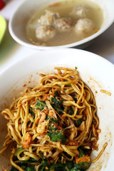Indonesian meat balls or bakso with sweet noodle or yamin. Indonesian food.
