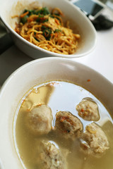 Indonesian meat balls or bakso with sweet noodle or yamin. Indonesian food.