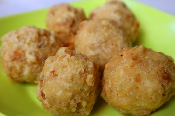 Indonesian fried meat balls or bakso goreng. Indonesian food.