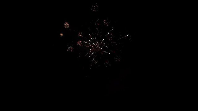 Explosion of bright colorful part of fireworks on black background to create a set salute on video for holiday new year, birthday, wedding or other celebration.