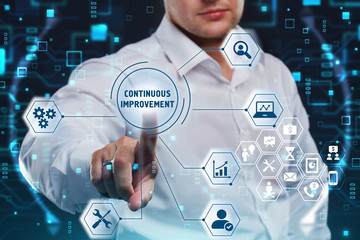 Business, Technology, Internet and network concept. Marketing content. Businessman presses a button...