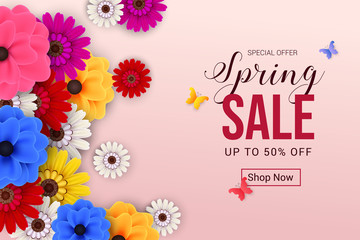 spring sale banner on pink background with abstract flower concept design vector