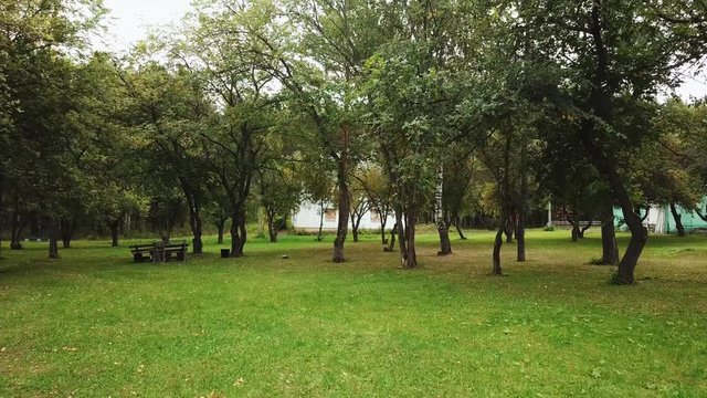 Beautiful small park with trees, green grass and wooden bench near the old buildings in autumn day against grey sky. Stock footage. Countryside views
