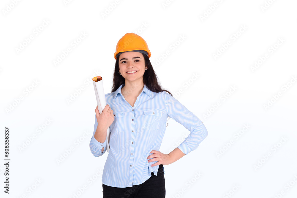 Wall mural female architect holding blueprint.