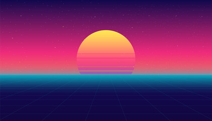 Retro future. 80s style sci-fi background with the sun rise. Futuristic retro background. Vector retro futuristic synth illustration in 1980s posters style. Suitable for any print design in 80s style