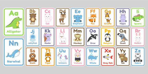 Cute kawaii animals alphabet letters for kids