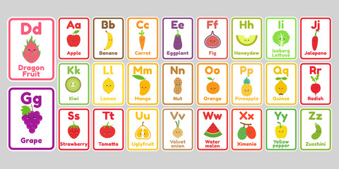 Fototapeta na wymiar Cute kawaii fruits and vegetables alphabet letters for kids
