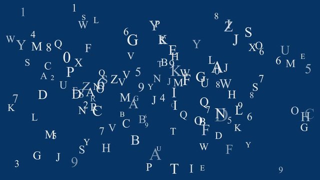 Animated ABC characters, number flying over background. Royalty high-quality free stock footage of alphabet flying on math, or educational green background. White alphabet floating in blue space