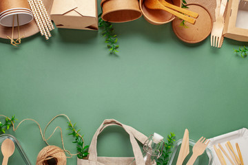 Eco craft paper tableware. Paper cups, dishes, bag, fast food containers and wooden cutlery on...