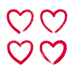 Hand drawn red heart frame. Hand painted ink brush strokes. Vector grunge hearts set.