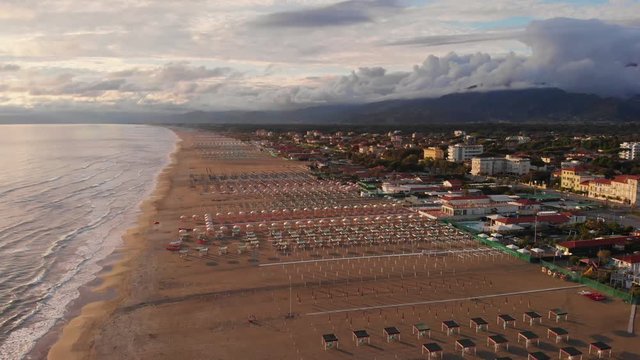 Aerial view of the Marina di Pietrasanta beach in Versilia, Massa, Carrara, Viareggio. Tuscany, Italy. Italian sea curort.