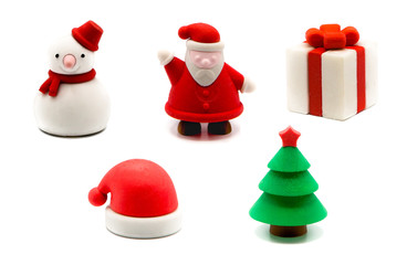 3D Christmas erasers set isolated on white background, Santa Claus, Snowman, hat, Gift box, pine