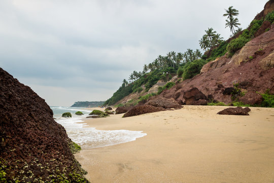 Cliff of Varkala along the coast with volcanic stones, India