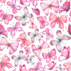 Watercolor seamless pattern with pink butterflies.
