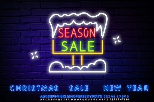 Neon sign SEASONAL DISCOUNTS. Neon sign in the snow light banner design element colorful modern design trend, night bright advertising, bright sign. Vector illustration