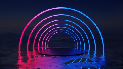 Abstract background with neon circles and cylindrical pedestal