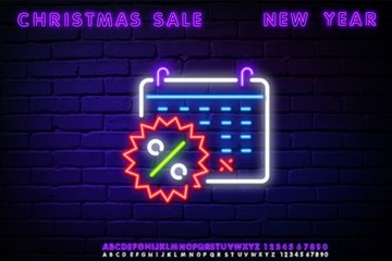Calendar discounts line icon with percent sign. Neon laser lights. Sale shopping sign. Clearance symbol. Glow laser speech bubble. Banner badge with calendar discounts icon. Vector
