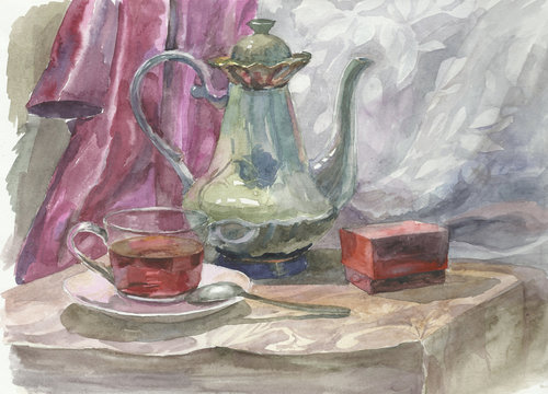 Watercolor painting with coffee pot and mug