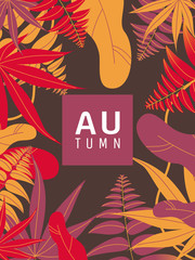 Autumn poster design, various colorful leaves on dark brown