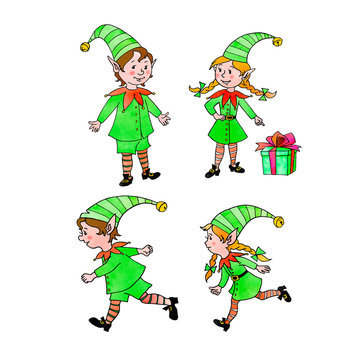 Cute little Christmas Elfes. New year Xmas characters. Hand drawn, cartoon, doodle. Simple color illustration for greeting cards, calendars, prints, children's book