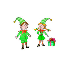 Cute little Christmas Elfes. New year Xmas characters. Hand drawn, cartoon, doodle. Simple color illustration for greeting cards, calendars, prints, children's book