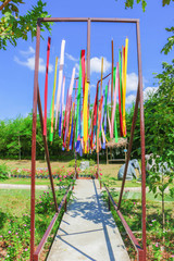 The walkway is decorated with ribbons.