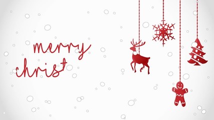 2D illustration animation of Christmas decorations in red. cookie, deer, star and tree. the word merry christmas written while it snows