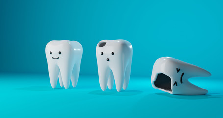 Image of cartoon style tooth character: a healthy tooth, teeth with a hole and caries. Concept for dental clinic, medicine, treatment of children's teeth design. 3d render illustration.