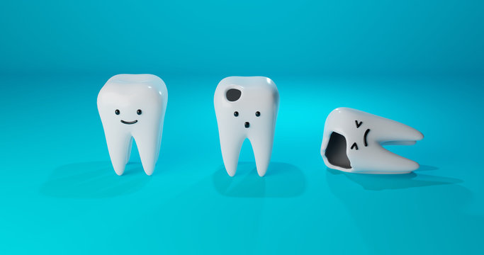 Image of cartoon style tooth character: a healthy tooth, teeth with a hole and caries. Concept for dental clinic, medicine, treatment of children's teeth design. 3d render illustration.