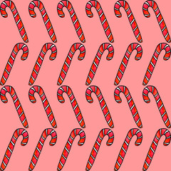 Seamless hand drawn pattern with watercolor candy cane, sweets, lollipop. New year and Christmas backgrounds and texture. For greeting cards, wrapping paper, packaging, fabric, calendars, prints