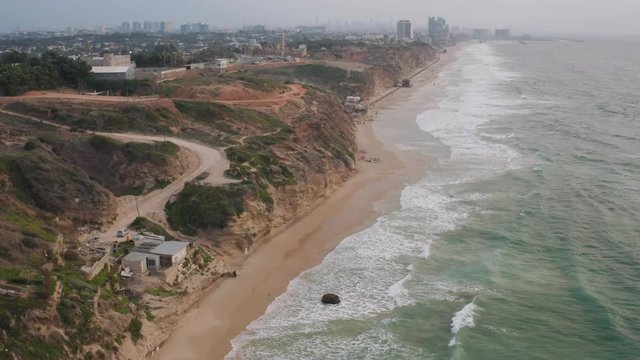 Apollonia national park in Israel on the sea shore, 4k aerial view