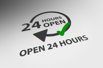 Green Check Mark on 24 Hours Open Signs. Online Shopping Concept. 