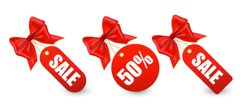 Tags different shapes with realistic red bow. Shopping sale and discounts. Vector illustration.