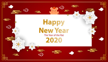 Obraz na płótnie Canvas Happy Chinese new year 2020 year of the rat paper cut style. Vector Illustration. Paper cut flowers.Background for greetings, card, flyers, invitation, posters, brochure, banners, calendar.