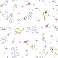 Duck running, doodles, dots and feathers, seamless repeat vector, surface pattern design