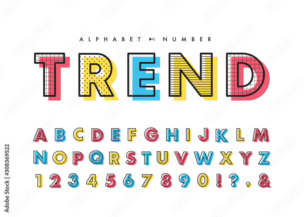 Fototapete memphis alphabet & number set. vector decorative pattern typography. font collection for headline or