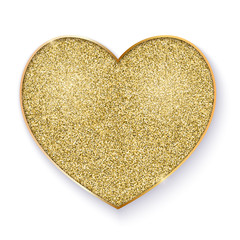 Golden heart with glittering texture. Golden symbol, isolated on white background. Icons for new year and valentines days holidays, luxury events. Vector illustration, EPS10