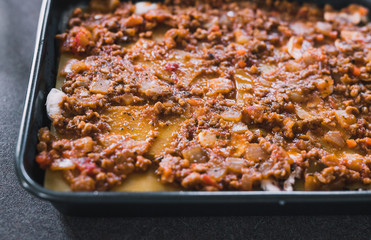 vegan lasagne with dairy free cheese and vegan bolognaise mince