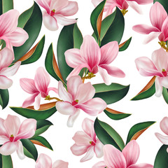 Beautiful colorful pattern with flowers and leaves of magnolia.