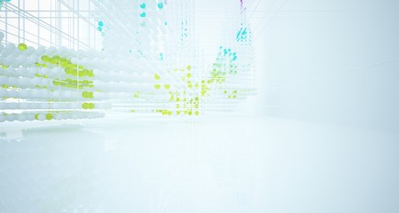 Fototapeta premium Abstract white and colored gradient glasses interior from array spheres with large window. 3D illustration and rendering.