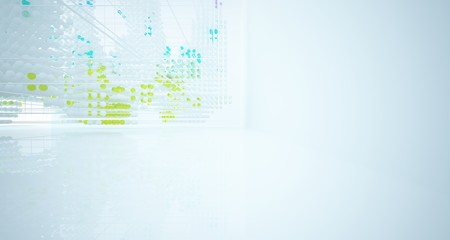 Abstract white and colored gradient glasses interior from array spheres with large window. 3D illustration and rendering.