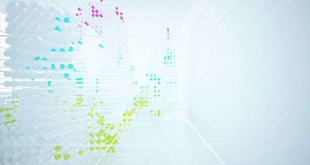 Abstract white and colored gradient glasses interior from array spheres with large window. 3D illustration and rendering.