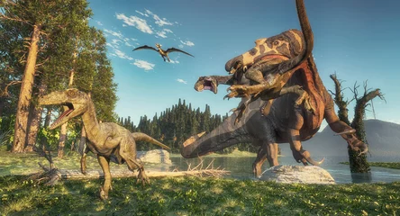 Tuinposter Spinosaurus and deinonychus © Orlando Florin Rosu