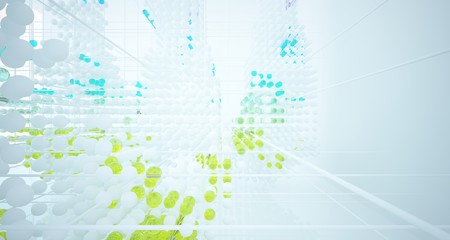 Obraz premium Abstract white and colored gradient glasses interior from array spheres with large window. 3D illustration and rendering.