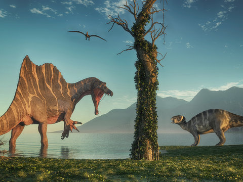 Spinosaurus and an iguanodon