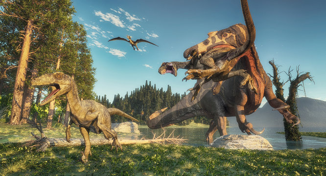 Fototapeta Spinosaurus and deinonychus
