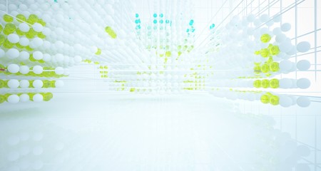 Abstract white and colored gradient glasses interior from array spheres with large window. 3D illustration and rendering.